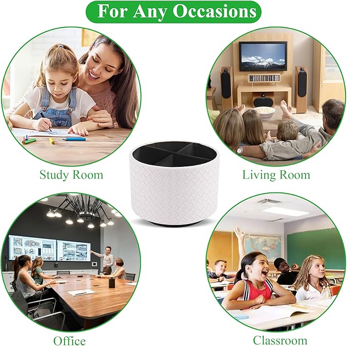 Round Leather Art Supply Organizer,Remote Control Holder,360 Degree Spinning,Multi-Functional Pencil Holder,4 Compartments Desktop Stationary Organizer(1-Weave White)