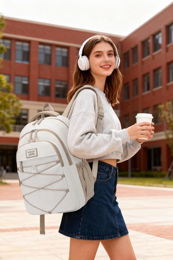 Teen Backpack for Girls, Women Bookbag for College Students Middle High School, Aesthetic Schoolbag Back Pack, White Khaki