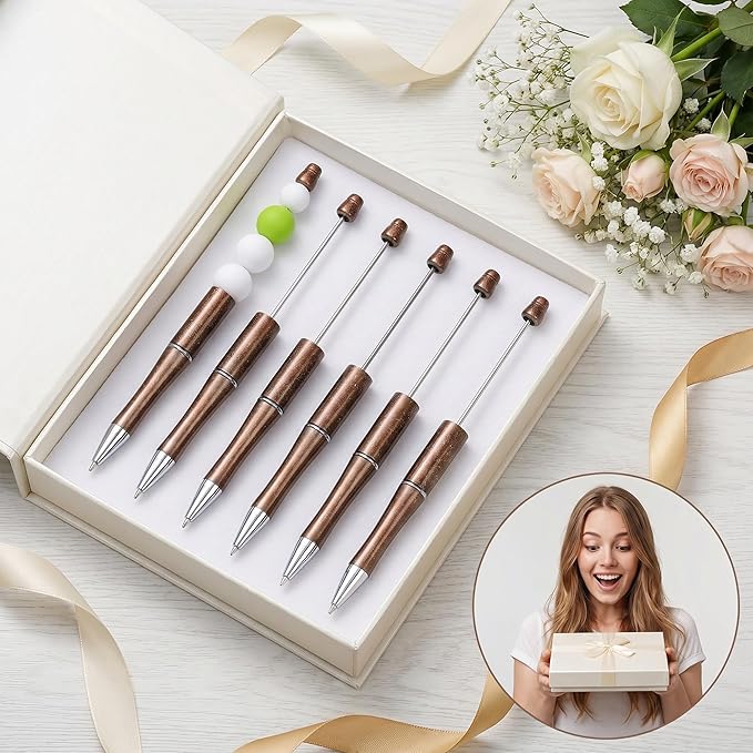 jiebor 30Pcs Beadable Pens Plastic Bead Ballpoint DIY Cute Cool Pens Black Ink for Women Men Bridal Graduation Gift Office Supplies Champagne Gold