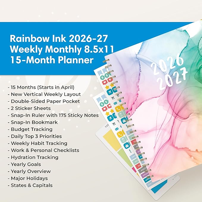 Blue Sky 15 Month 2026-2027 Weekly and Monthly Academic Year Planner Calendar, April 2026 - June 2027, 8.5" x 11", Hard Cover, Wirebound, Laminated Tabs, Storage Pocket, Includes Snap-in Ruler w/Sticky Notes & Sticker Sheet, Rainbow Ink