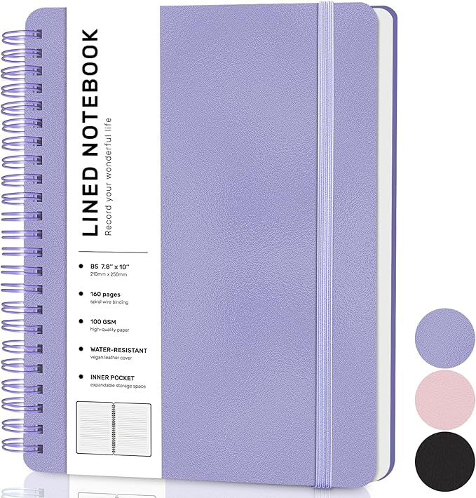 Lined Spiral Journal Notebook with 160 Pages, 7.8×10in, B5 Spiral Notebook, Journaling Notebooks for Work, School, Women, Men, College Ruled Spiral Notebook, Hardcover Leather Journals, Purple