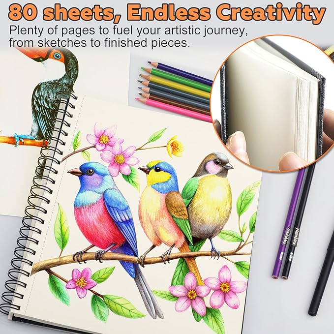 Joibabe Sketch Book 9" x 11",2 Pack 80-Sheets (68lb/100gsm),Double-Sided Hardbound Sketchbook, Spiral Bound,Acid Free Painting Art Paper for Kids and Adults