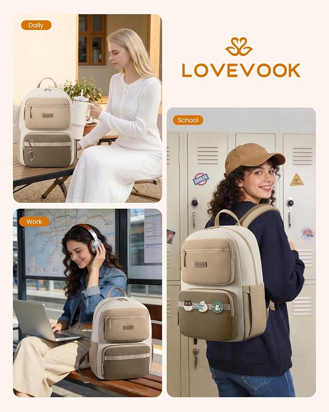 LOVEVOOK School Backpack for Teen Girls & Women,Laptop Backpack with Water Bottle Holder,Lightweight Work College Bookbag,Student Backpack for Middle High School,Beige-Khaki