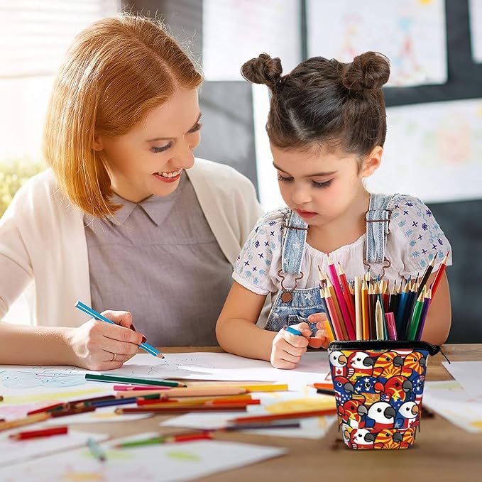 Colored Flag Funny Bird Kids Standing Pencil Case Telescopic Stationary Pouch with Zipper Large Capacity Stand up Pen Bag Portable Makeup Holder for Children School Students Office Supplies