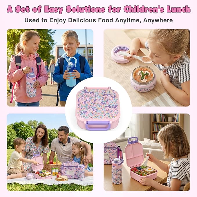 Bento Lunch Box for Kids with 7oz Soup Thermo,Insulated Stainless Steel Kids Water Bottle with Straw and Insulated Lunch Bag,Leak-Proof Lunch Food Container with Ice Pack for School (Pink-Horse)