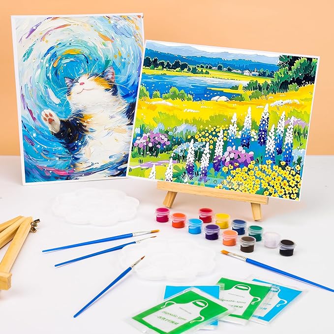 ESRICH 12 Pack 8x10 Canvas and Easel Set, Mini Acrylic Paint, Paint Brushes, Palettes, Aprons, Painting Kits for Adults Couples Friends Date Night Sip and Paint Party Supplies