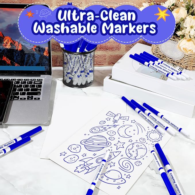 48 Pcs Line Washable Markers Bulk Blue Fine Tip Markers Set Thin Coloring Mark Pens for Kids Blue Tips Mark Pen for Art School Supplies, Back to School Supplies, Ages 6+