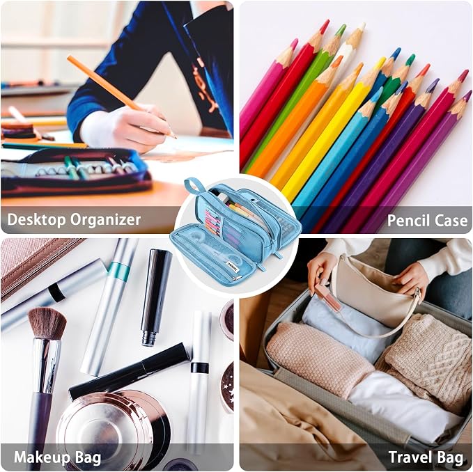 TOPBIDAI Large Pencil Case Pouch for Girls Boy Women Men Adults | Big Capacity Canvas Pencil Bag, Office School Supplies, Multi Compartment Zipper Stationery Pen Box (Sky Blue)