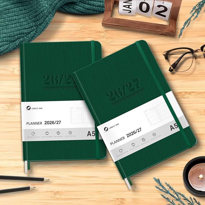 Lonely Oak Academic Planner 2026-2027, A5 Daily Weekly and Monthly Planner 5.75" x 8.4", 13 Months Faux Leather School Year Agenda from Jul.2026 to Jul.2027 for Student and Teacher (Green)