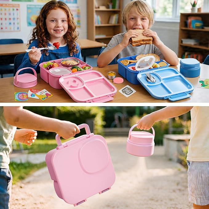 wiwens Kids Bento Lunch Box with Soup Thermo Food Lunch Container for Kid | 4 Compartment Leak-Proof Kids Lunch Box,9oz Stainless Steel Insulated Hot Food Jar,for Boys Girls Toddler to School Travel