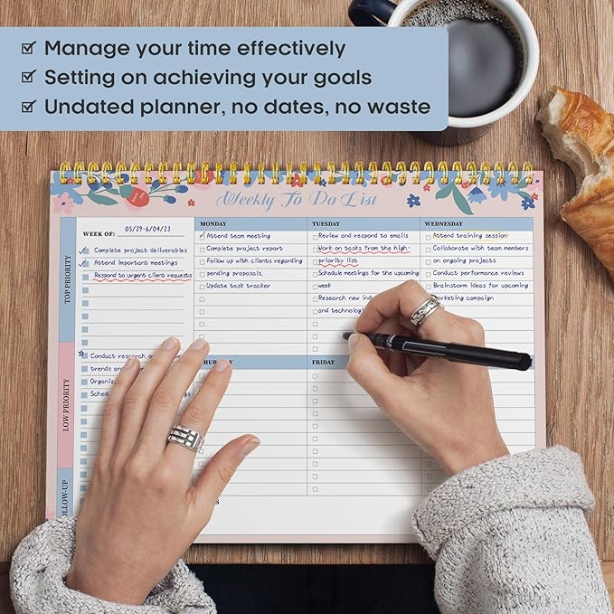 Taja Weekly To Do List Notepad with 52 Undated Sheets(8.5"×11")- Weekly Desk Planner for Women & Man, Work and Home - 1 Pack Spring Blossom
