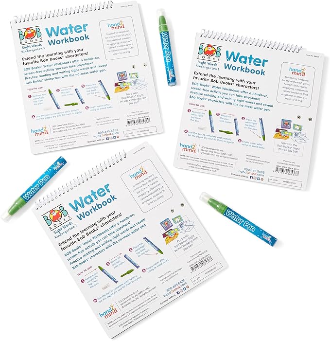 hand2mind Bob Books Sight Words Water Workbook Set, Water Pen Coloring Books for Toddlers, No Mess Coloring, Water Reveal Pads for Kids, Science of Reading (3 Water Books and 3 Water Pens)