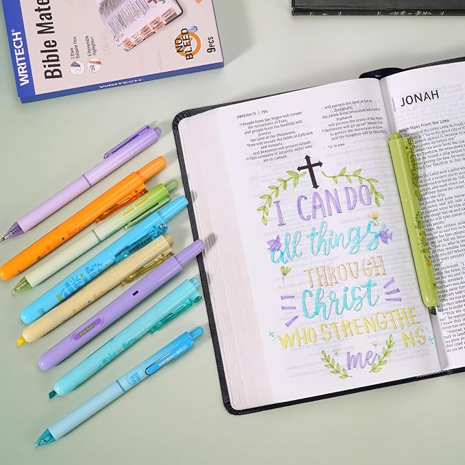 WRITECH Bible Mate Journaling Set: Highlighters & 0.7mm Ballpoint Pens 9ct | No Bleed Bible-Safe Highlighters + Black Ballpoint Pens Pastel Colors Quick Dry Ink Teachers Nurses Office