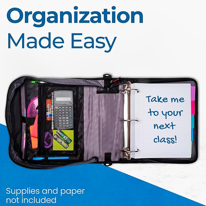 Case-it The Mighty Zip Tab Zipper Binder - 3 Inch O-Rings - 5 Color Tab Expanding File Folder - Multiple Pockets - 600 Sheet Capacity - Comes with Shoulder Strap - Jet Black D-156-N