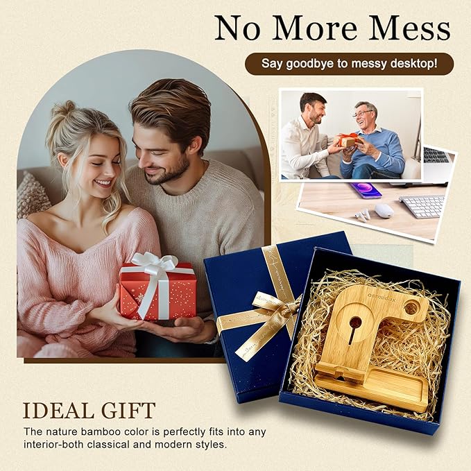 4 in 1 Bamboo Nightstand Organizer, Wood Phone Docking Station, Phone Charger Stand for iPhone 12-18 Series & Android, Desktop Organizer for iWatch & Airpods, Gifts for Men, Dad, Anniversary