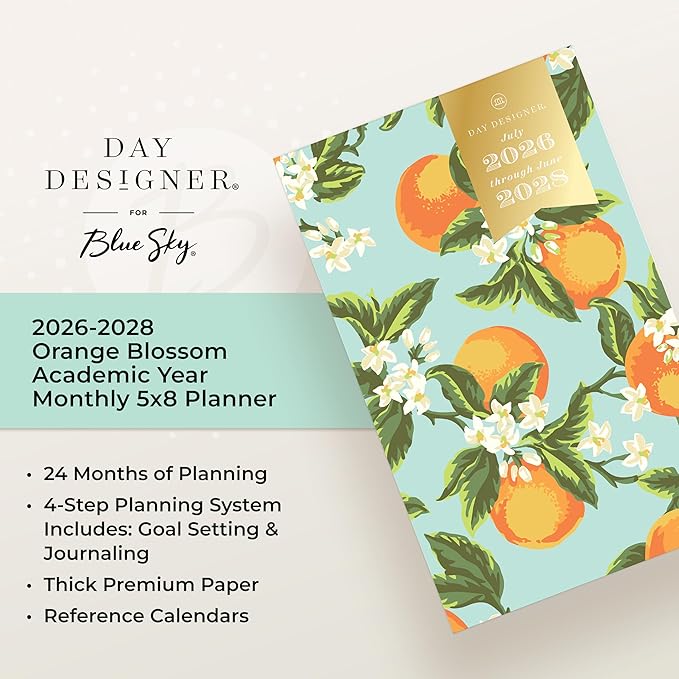 Blue Sky Day Designer 2026-2028 Monthly Academic Year 24 Month Planner Calendar, July 2026 - June 2028, 5" x 8", Flexible Cover, Stapled Binding, Orange Blossom Mint