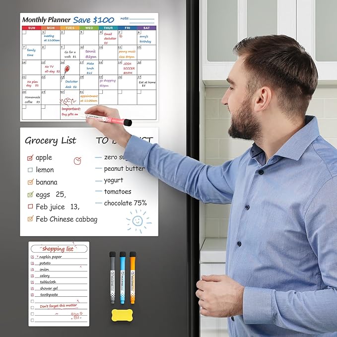 Dry Erase Magnetic Calendar for Refrigerator, 3 Pack- Monthly & Blank & Daily Planner Magnet Whiteboard for Fridge Wall Door - Shopping, Meal/Menu, to Do List, Family Schedule Planning Board (B)
