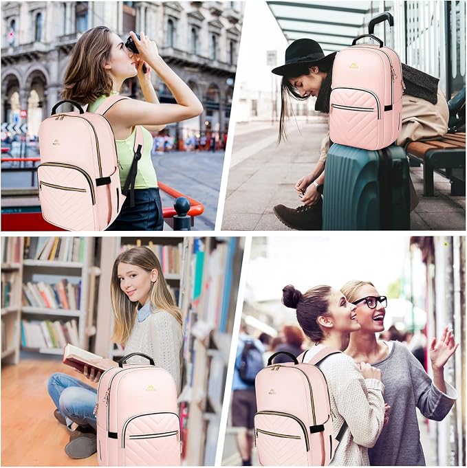 MATEIN College Backpack with Laptop Compartment, Water Resistant Girls Backpack, Cute Bookbag with Multiple Compartments, 17 inch Quilted Casual Daypack for Women, Pink