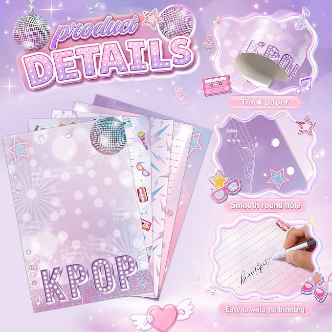 100 Sheets Kpop A5 Planner Inserts - 120GSM Thick Pink Purple Music Refill Paper for A5 6-Ring Binder, 6 Hole Loose Leaf Sheets for K-Pop Fans Journal Diary Notebook Budget Creative Planning