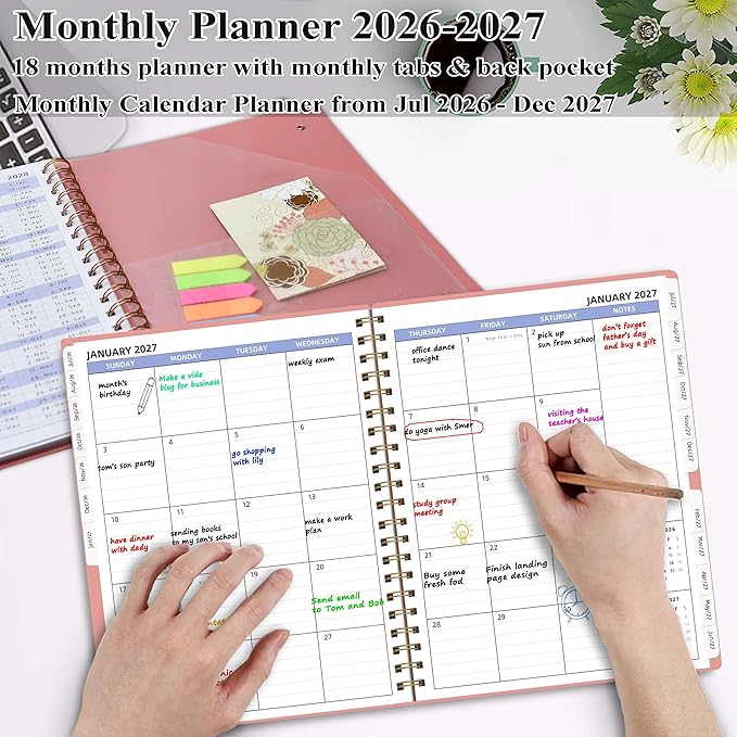 2026-2027 Monthly Planner (7.6'' x 9.6''), 18 Months Agenda Planner from Jul 2026-Dec 2027, Calendar Book with Tabs & Pocket, Pink
