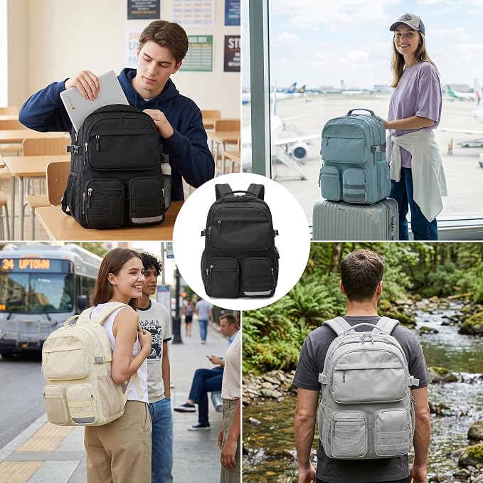 Lohol Water Resistant Backpack with Multifunctional Pockets for Teens, Durable Bookbag fits 15.6 inch Laptop for School Travel College, 25L (Brown)