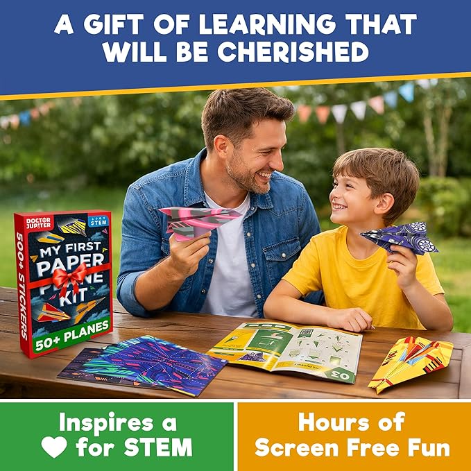 Doctor Jupiter My First Paper Airplane Book Kit for Kids Ages 4+ | Travel Toy Activities for 6-7-8-9-10 Year Old Boys & Girls | Make & Fly 50+ Paper Airplanes with 500+ Stickers