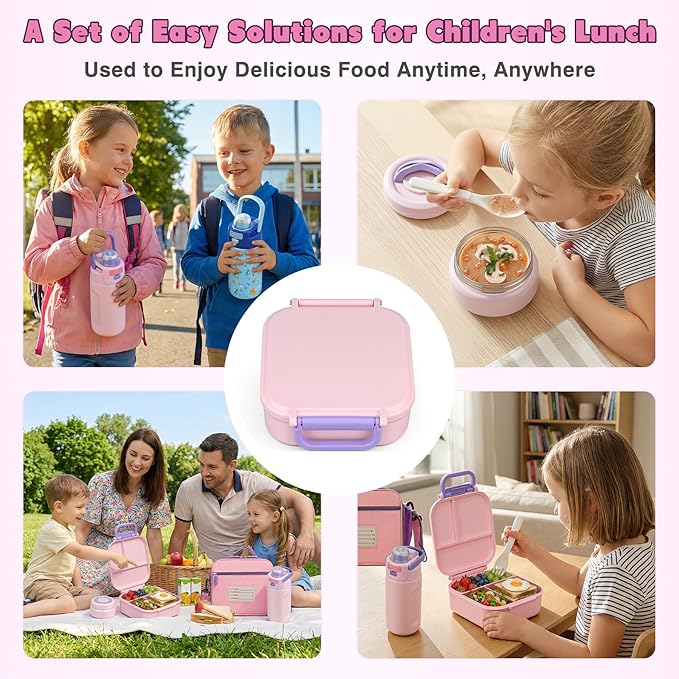 Bento Lunch Box for Kids with 7oz Soup Thermo,Insulated Stainless Steel Kids Water Bottle with Straw and Insulated Lunch Bag,Leak-Proof Lunch Food Container with Ice Pack for School (Pink)