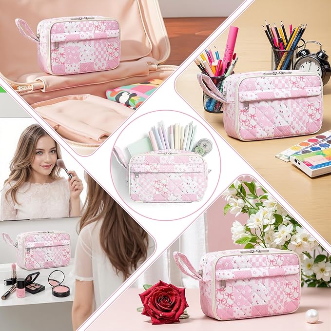 WOBAGMEN Quilted Pencil Pouch for Girls Women, Large Pencil Case Pouch with Compartments Cute Aesthetic Pencil Case Organizer, Floral Pencil Bag for School Supplies (Pink Checked Patchwork)