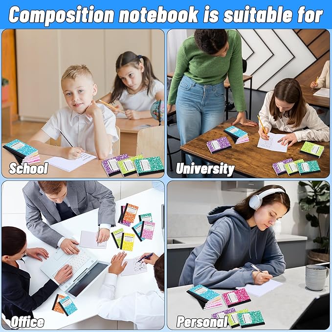72 Pack 4.5" x 3.25" Mini Composition Notebooks Bulk 8 Colors College Ruled Half Composition Notebook Narrow Ruled Small Pocket Marble Journal 60 Sheets for Students Office School Supplies