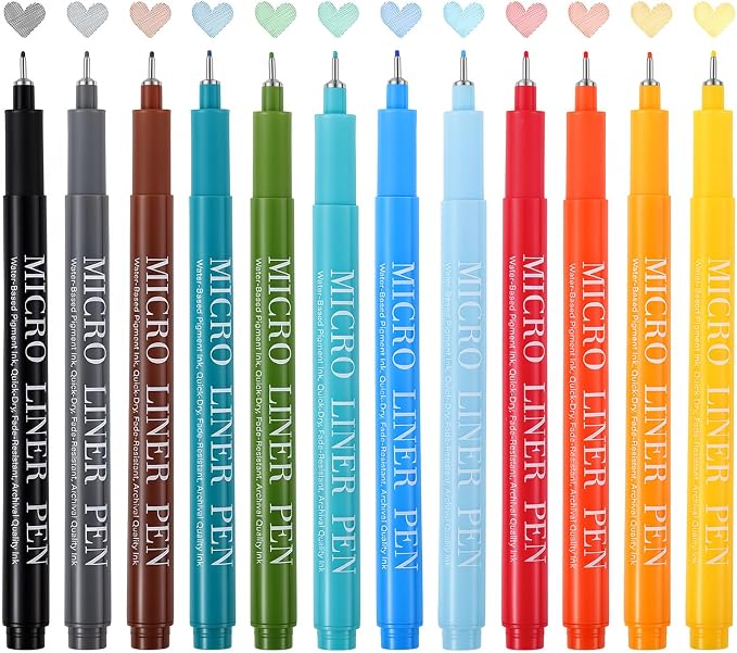 Thboxes Fineliner Pens Set, 12 Colors, 0.5mm Micro Tip, with Pouch