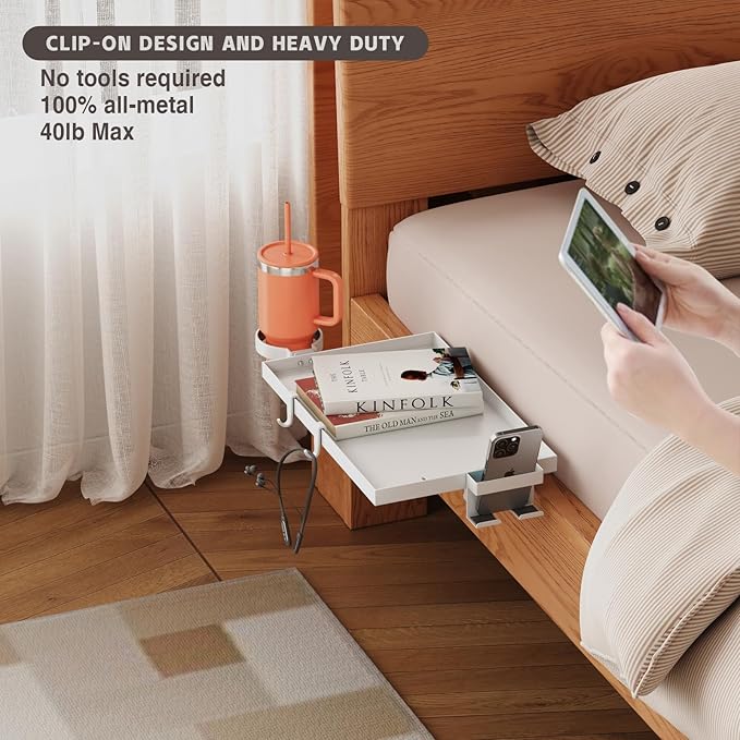 Magheo Bedside Shelf Foldable, Metal Clip-On Bed Shelf for Top Bunk Heavy Duty Bed Side Table Tray for College Dorm Essentials, Loft Nightstand Organizer Tray with Removable Cup & Phone Holder(White)