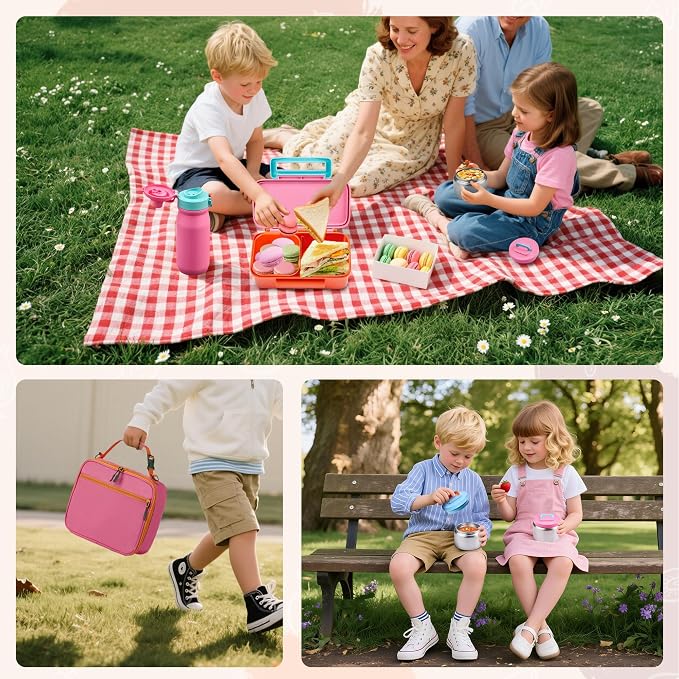 MAISON HUIS Bento Box for Kids with 8oz Soup Thermo, Insulated Lunch Bag & 17oz Water Bottle, 2-Compartment Bento Box with Built-In Ice Pack, Leak-Proof & BPA-Free (Pink)