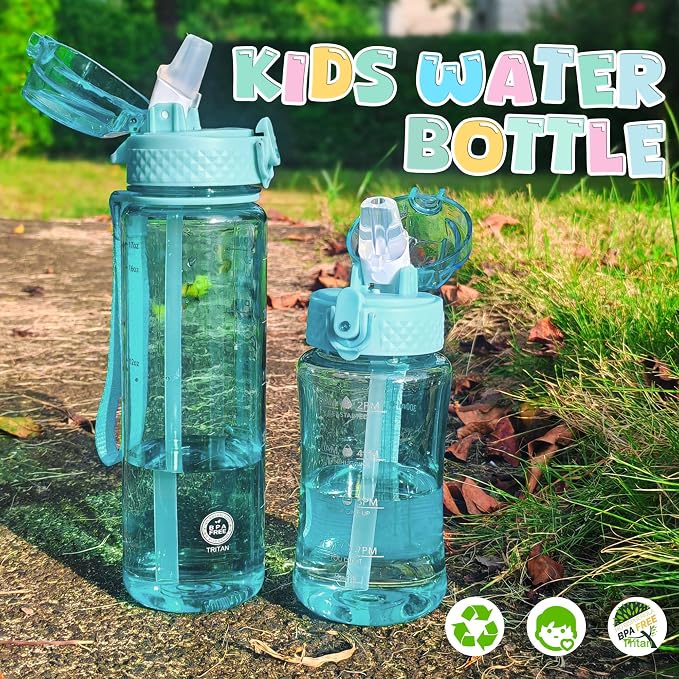 OLDLEY 12oz Kids Water Bottle, Tritan BPA-Free, Leakproof Flip Straw Lid, Motivational Time Marker, Carry Strap, Reusable Clear Water Bottle for Boys & Girls,Cerulean