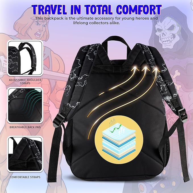 AI ACCESSORY INNOVATIONS Masters of the Universe Castle Grayskull Backpack for Kids, 16 Inch Bookbag featuring He-Man & Skeletor, Black