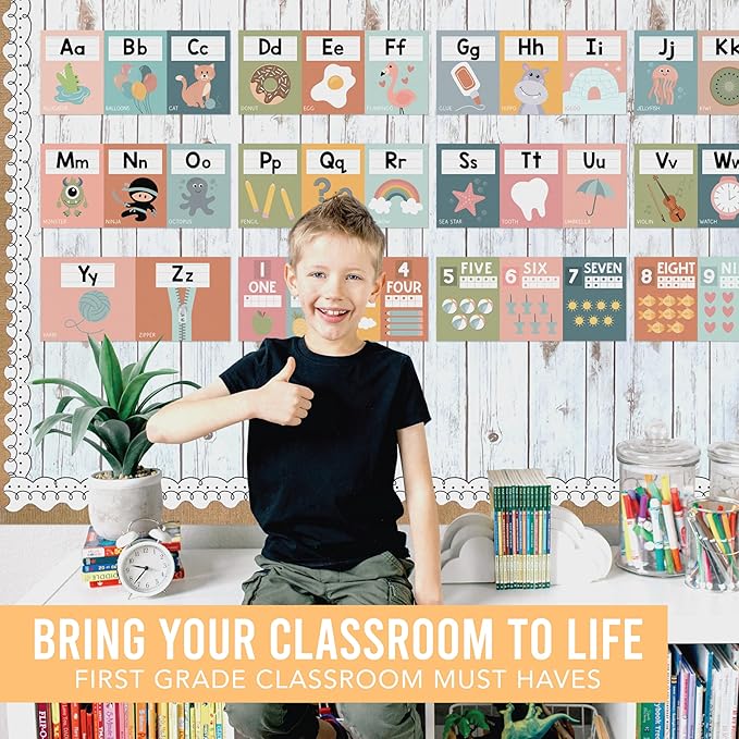 Hadley Designs Alphabet for Classroom Wall Decor - ABC Posters for Classroom Wall Chart Preschool & Kindergarten, ABC Letters & Number Line Elementary, Alphabet Cards, Boho Classroom Decor