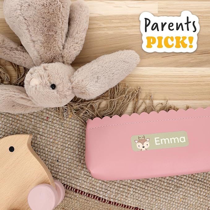 Camp Name Labels for Kids (33) – Custom Waterproof Stickers for Water Bottles, Lunch Boxes, Daycare & School with Unique Designs - Deer