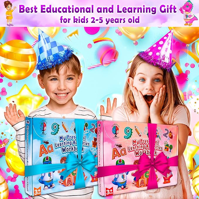 Curious 2 Learn Hardcover Preschool Activity Workbook for Kids Ages 3–5 – 32 Montessori Learning Activities with 9 Markers – ABC, Numbers, Colors & Shapes – Educational Gift for Boys & Girls