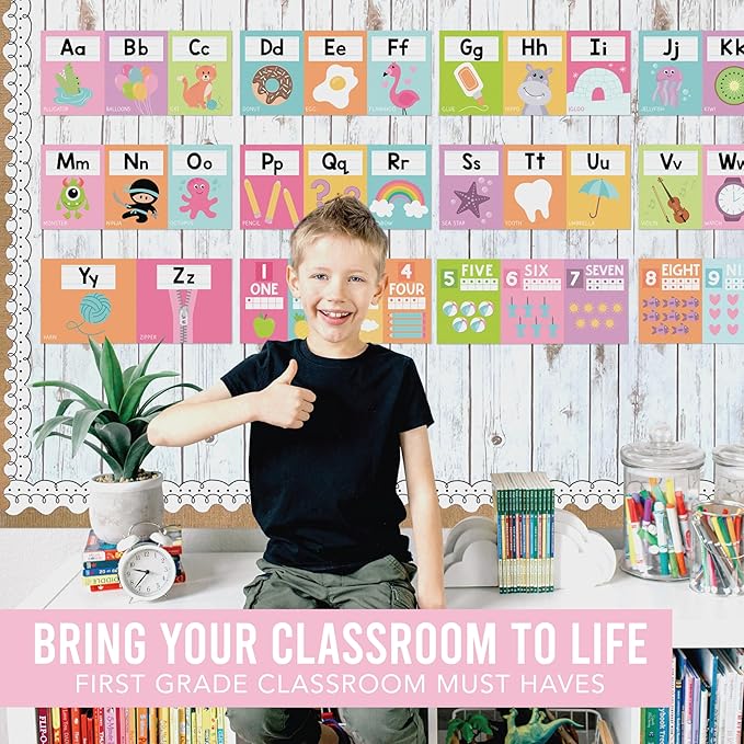 Hadley Designs Alphabet for Classroom Wall Decor - ABC Posters for Classroom Wall Chart Preschool & Kindergarten, ABC Letters & Number Line Elementary, Alphabet Cards, Pastel Classroom Decor