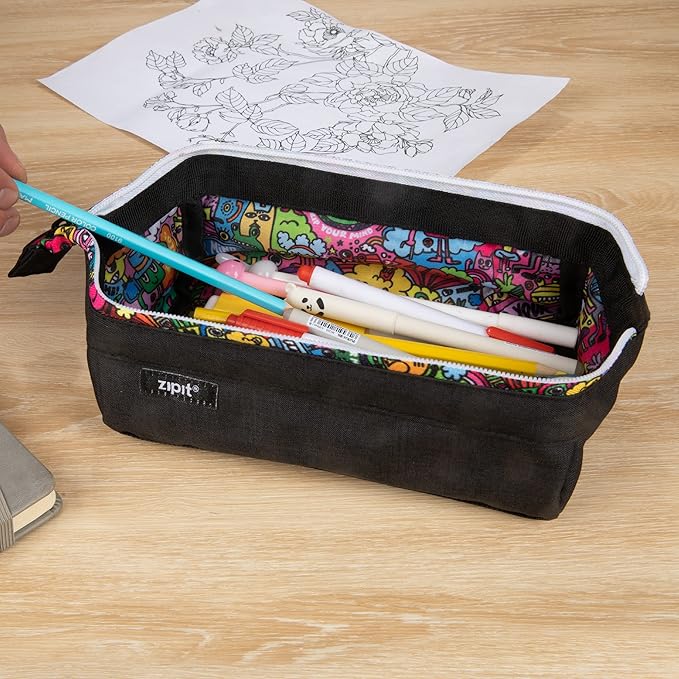 ZIPIT: Lenny Pencil Case - Black & Doodles - Large Storage Capacity Zipper Pouch, Makeup-Stationery Bag, School, Washable Polyester, Kids-Teens-Adults