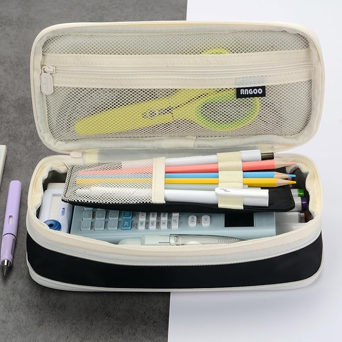 Large Capacity Big Special Cute Aesthetic Preppy Canvas Pencil Case Organizer Holder Pouch Bag with Zipper Compartments, Pen Cases for Women Girls School Adults (Black)