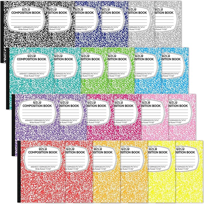 24 Pack 9.75 x 7.5 in Large Composition Notebooks Bulk 12 Color Wide Ruled Composition Books Marble Journal Notebook 60 Sheets per Book for Aldult Student College Office Back to School Supplies