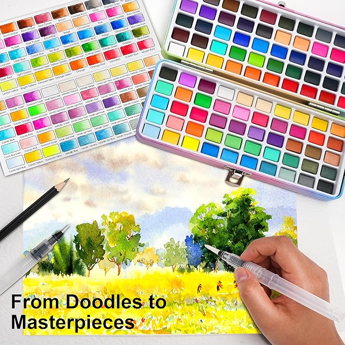 100 Solid Watercolor Paint Kit, Beginner Portable Travel Case with Brushes, Metallic, Macaron, Fluorescent Art Supplies for Anime, Portrait, Canvas Painting - Great Gift for Festivals, Back to School