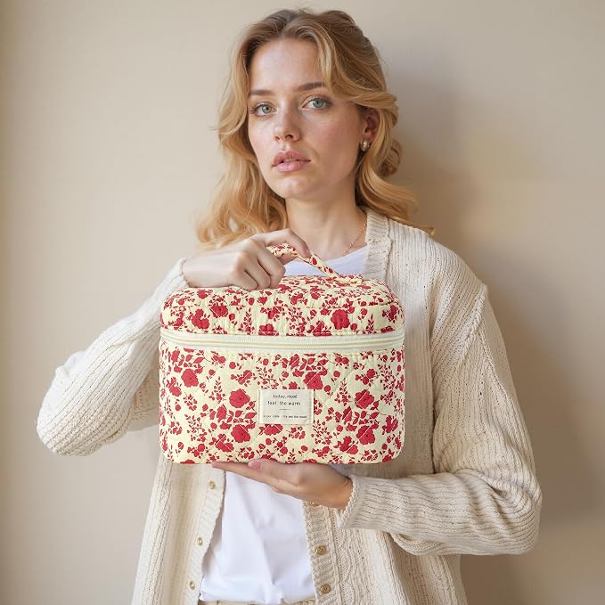 HBselect Quilted Makeup Bag, 3Pcs Cotton Large Travel Makeup Bags Organizer | Cute Floral Make up Bag Cosmetic Bag Toiletry Bag for Women Girls, Makeup Pouch for Skincare, Brushes & Travel Essentials