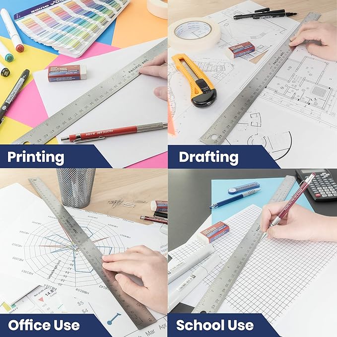 Pacific Arc Stainless Steel 18 Inch Metal Ruler Non-Slip Cork Back, with Inch and Metric Graduations