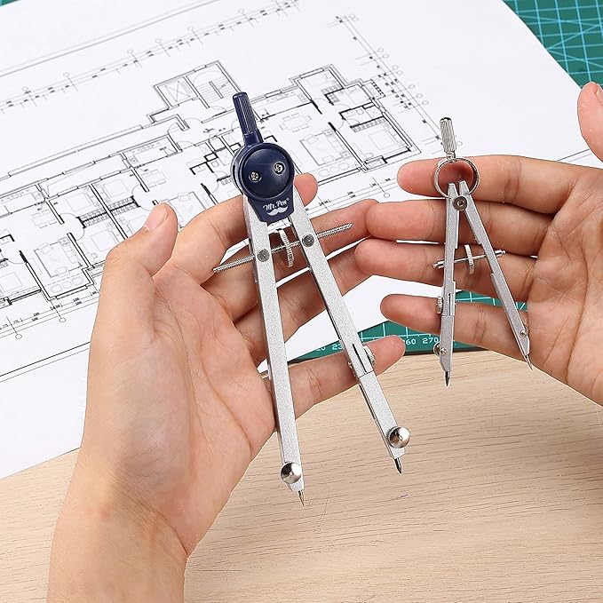 Mr. Pen- Professional Geometry Set, 7 pcs, Metal Compasses with Center Wheel & Extension Leg, Precision Drafting Kit with Storage Box for Geometry, Technical Drawing, Engineering & Architecture