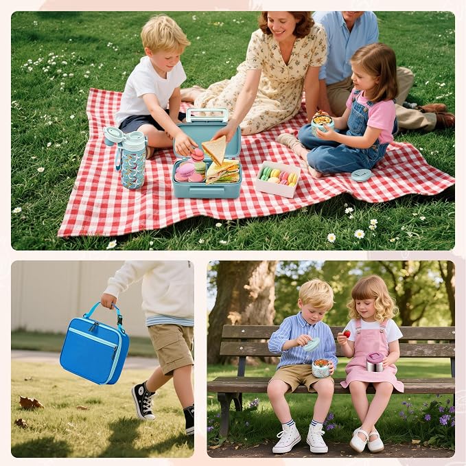 MAISON HUIS Bento Box for Kids with 8oz Soup Thermo, Insulated Lunch Bag & 17oz Water Bottle, 2-Compartment Bento Box with Built-In Ice Pack, Leak-Proof & BPA-Free