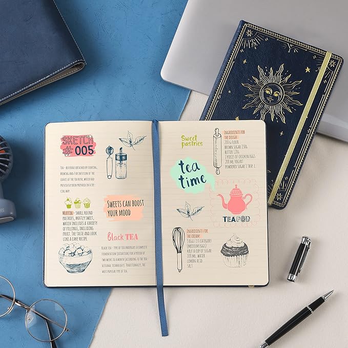 Artfan Ruled Notebook/Journal β Premium Thick Paper Faux Leather Classic Writing Notebook with Pocket + Page Dividers Gifts, Banded, Large, 144 Pages, Hard Cover, Lined (5.8''x 8.4'') - Blue