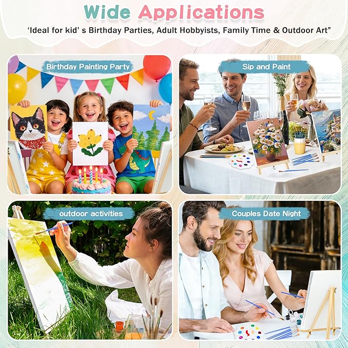 8 Painting Kits, Sip and Paint Art Kit for Adults, 8x10 Inch Canvas for Painting with 8 Easels, Brushes, Paint Trays, Acrylic Paints Set for Couples Date Night, Party Supplies