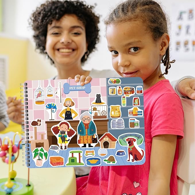 800+ Stickers & 15 Town Scenes Sticker Book, Funny Side By Side All Around Town Sticker Book Educational Activity Games- Great for Toddlers, Kids, Boys & Girls