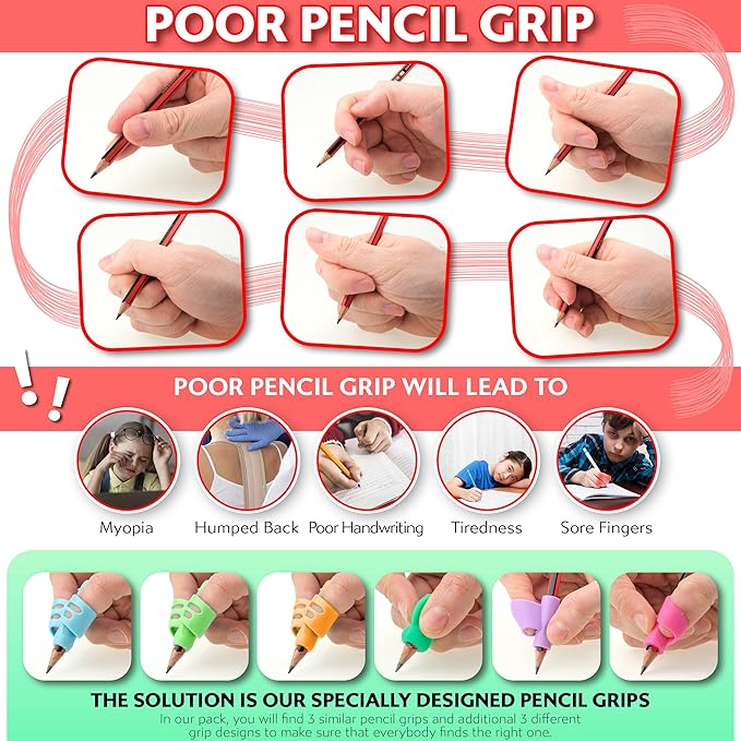 Stylo 6 Pack Pencil Grips for Kids Handwriting - Ergonomic Pencil Grippers for Toddlers Ages 2-5, Preschool & Kindergarten - Left Handed & Right Hand Writing Tools - Occupational Therapy Grip